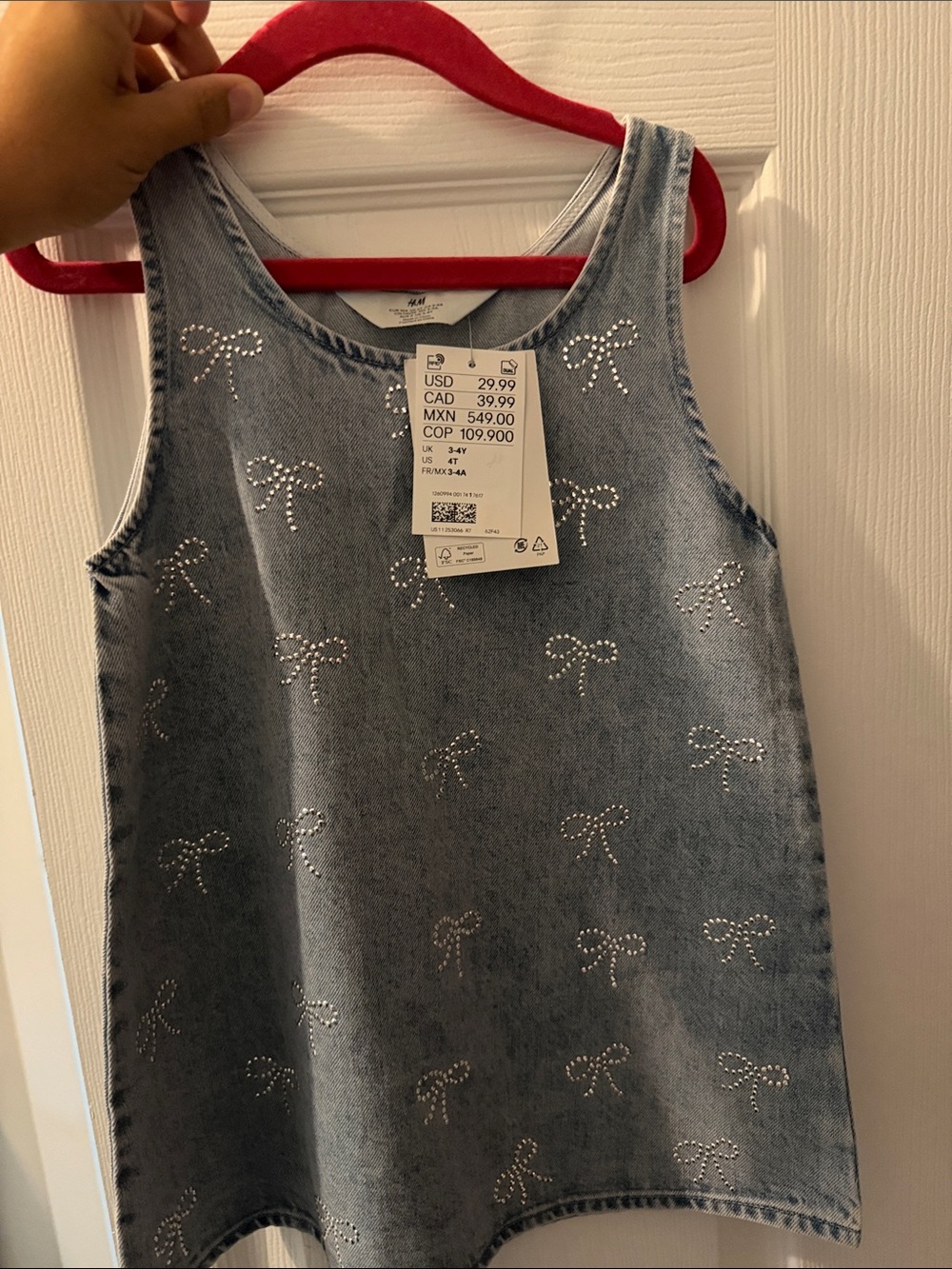 H&M Light Blue Denim Jumper dress with Sparkle Bows